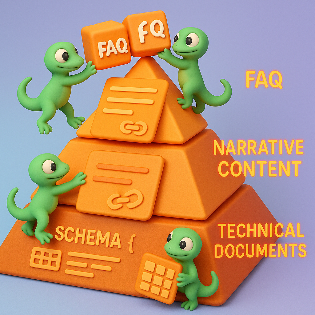 A 3D cartoon-style illustration showing a layered content pyramid with three clear levels: the top layer has neon orange FAQ blocks and citation markers, the middle layer features narrative content with entity links, and the bottom shows technical documents with schema and data tables. Several green gecko characters in soft, rounded style are actively building or interacting with each layer. The background is a light blue-to-purple gradient, with neon orange text labeling each section.