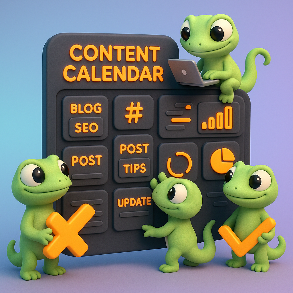 A 3D cartoon-style illustration showing a team of green gecko characters collaborating around a futuristic content calendar dashboard with performance metrics, blog, and social media publishing slots