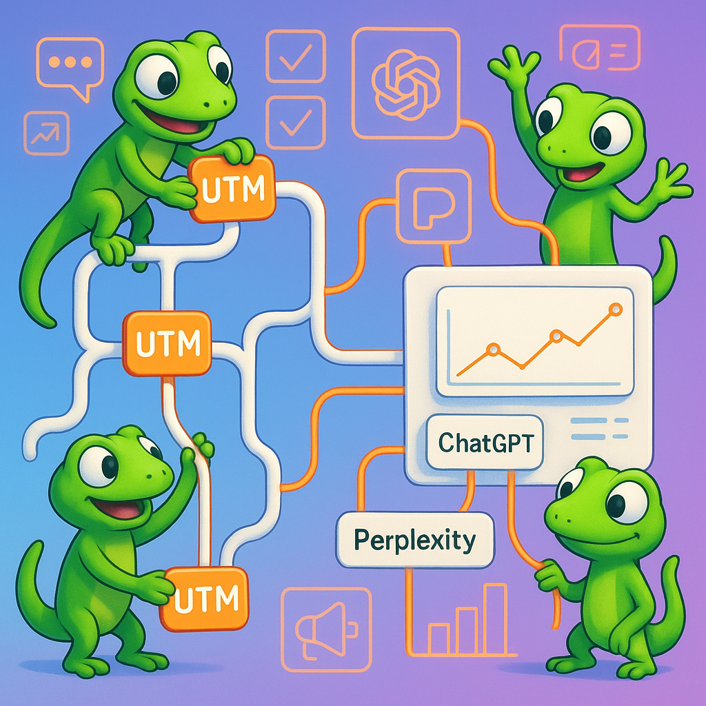 A 3D cartoon-style illustration showing green gecko characters managing an interconnected flow chart of user journeys: some geckos place neon orange UTM tags on branching paths, while others connect data streams from AI platforms (ChatGPT, Perplexity) into a central dashboard. The light blue-to-purple gradient background features icons of AI chat windows and marketing tools in neon orange.