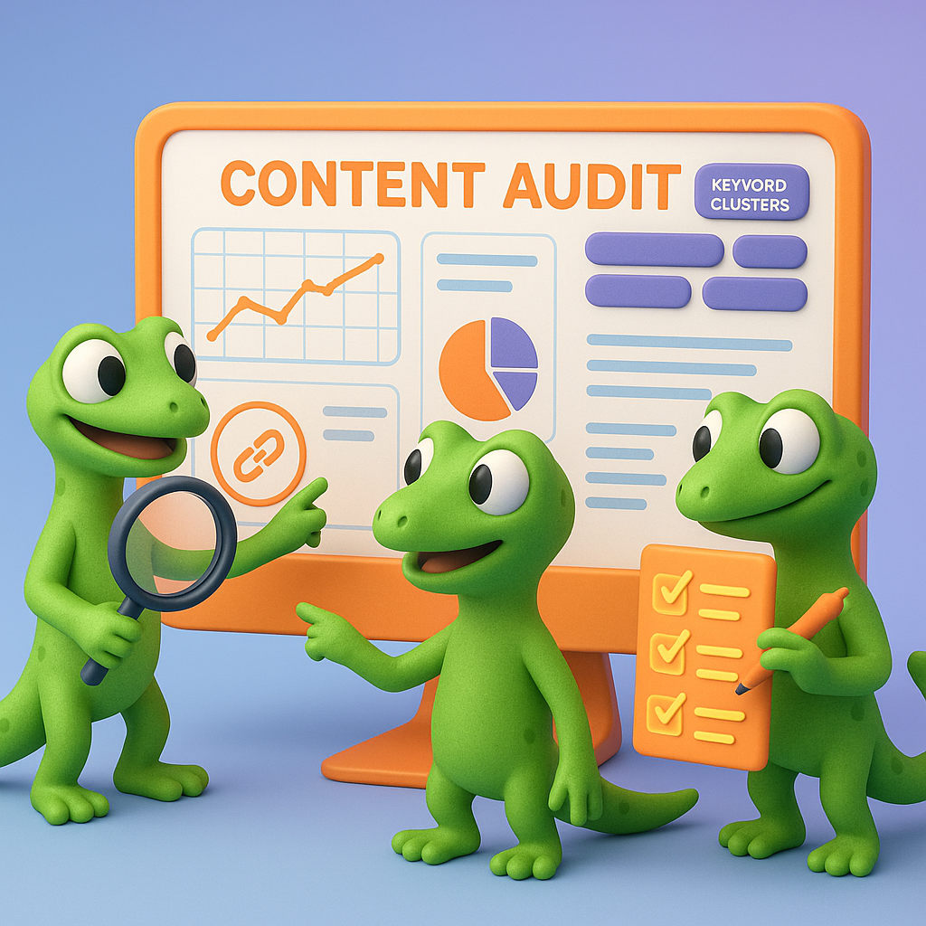 A 3D cartoon-style illustration showing three green gecko characters collaborating at a large neon orange computer monitor displaying a detailed website content audit. One gecko points at analytic charts and keyword clusters on the screen, another gecko holds a magnifying glass over a broken link icon, and the third checks off a neon orange to-do list. The background features a light blue-to-purple gradient.