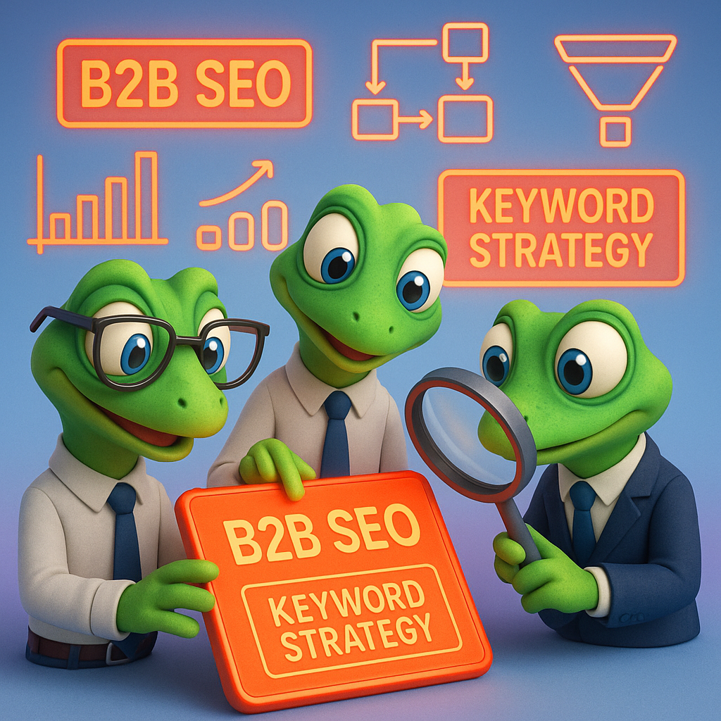 A 3D cartoon-style illustration showing three green gecko characters in business attire examining a large neon orange tablet, surrounded by keyword charts, flow diagrams, and B2B-specific SEO icons (like bar graphs, a sales funnel, and a magnifying glass). The background is a soft blue-to-purple gradient, with text boxes in neon orange highlighting 'B2B SEO' and 'Keyword Strategy'.