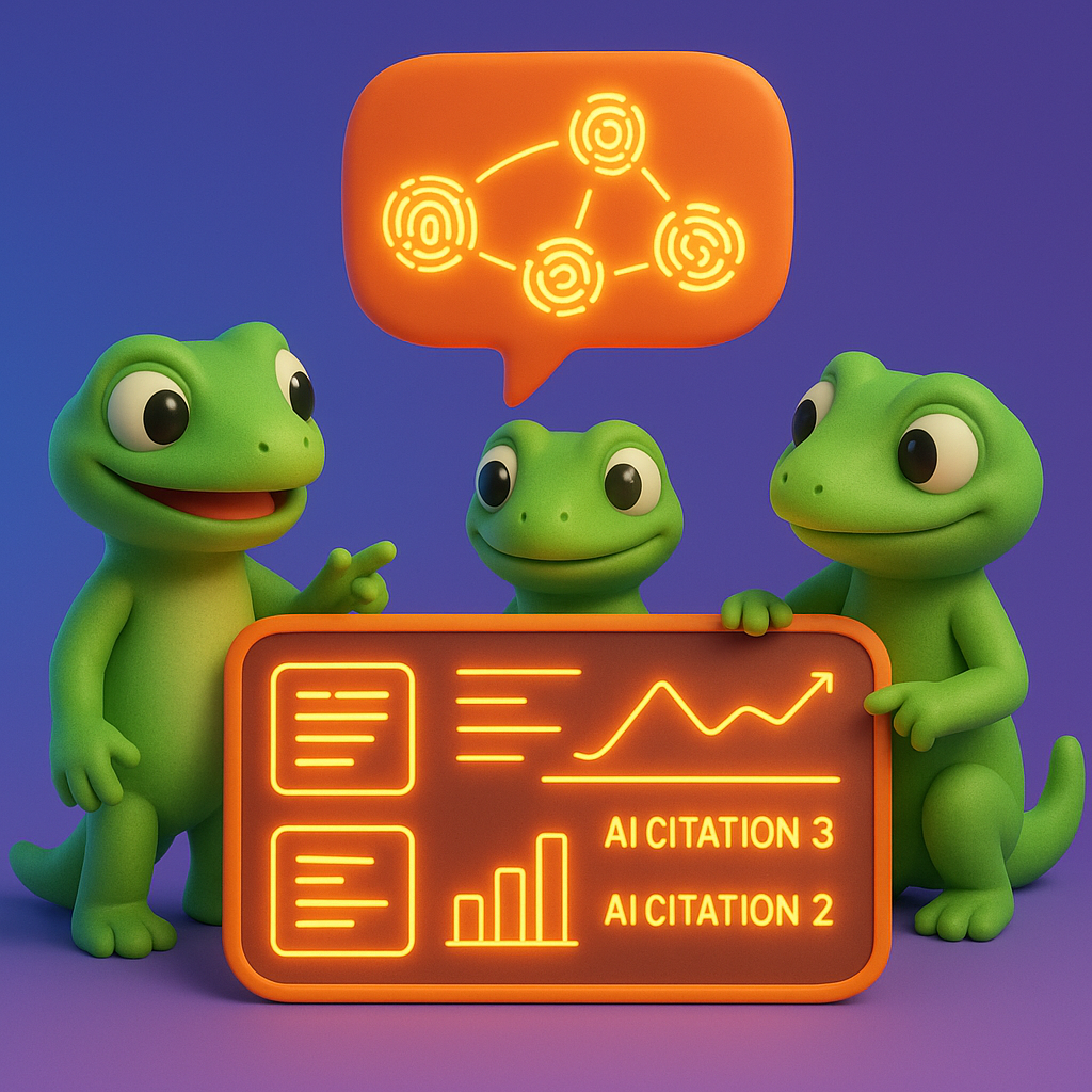 A 3D cartoon-style illustration showing three soft, rounded green gecko characters collaborating around a large glowing neon orange dashboard. The dashboard displays snippet icons, graphs, and AI citation numbers, with AI text bubbles above showing keywords transforming into interconnected semantic clusters. The background is a smooth blue-to-purple gradient, and all text and dashboard highlights are neon orange.