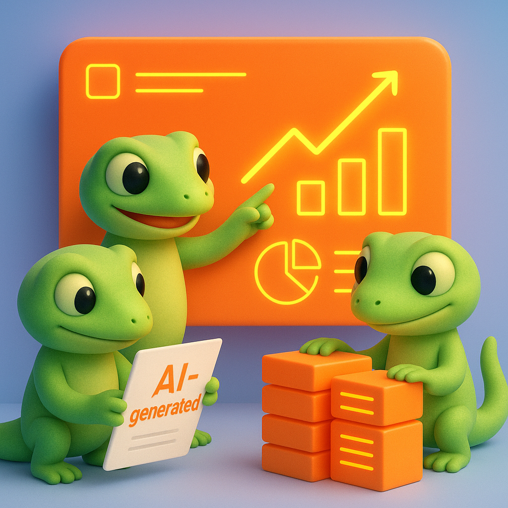 A 3D cartoon-style illustration showing three soft, rounded green gecko characters collaborating at a neon orange digital dashboard. One gecko points to a bright, glowing chart displaying upward-trending metrics, while another reviews a document marked 'AI-generated.' The third gecko adjusts a stack of neon orange content blocks. The background is a light blue-to-purple gradient, with text elements and interface icons in neon orange.
