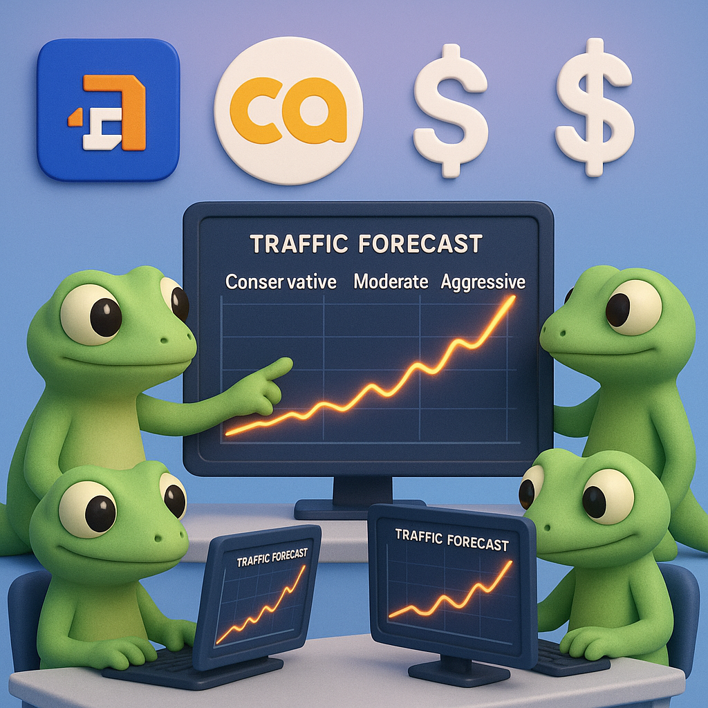 A 3D cartoon-style illustration showing three soft, rounded green geckos working at computers, displaying traffic forecast graphs and neon orange line charts on large monitors. One gecko is pointing at various scenario labels: 'Conservative', 'Moderate', 'Aggressive'. In the background are icons for Ahrefs, Google Colab, and dollar signs, all set on a light blue-to-purple gradient.