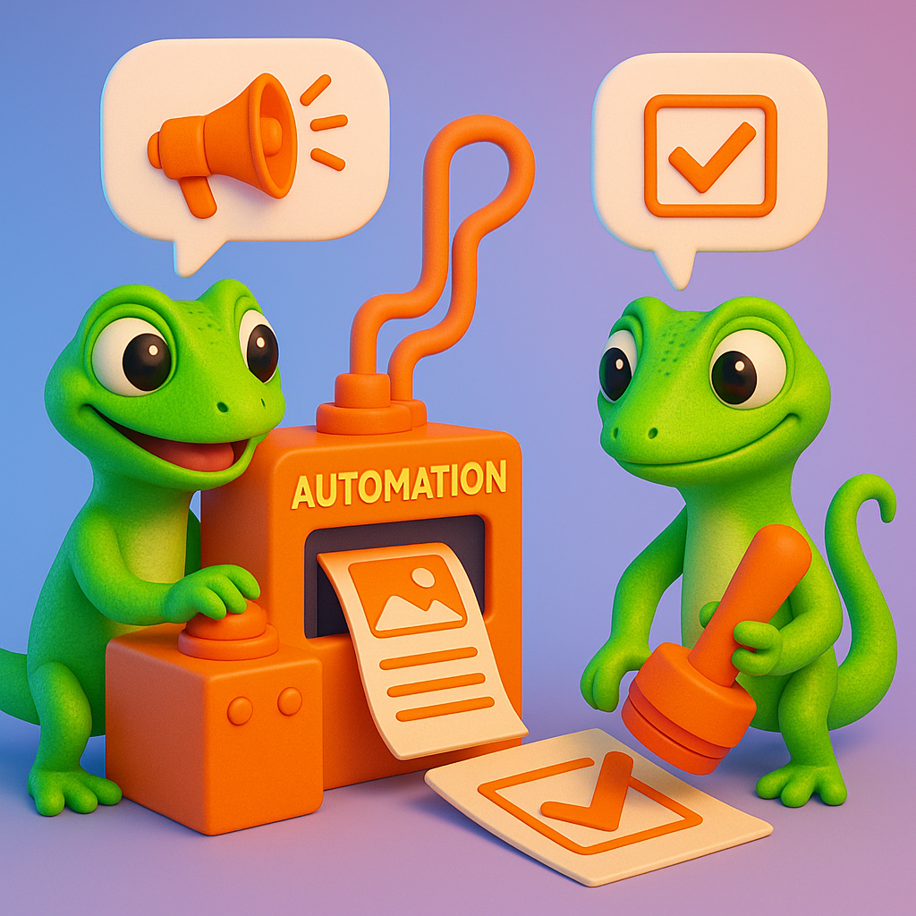 A 3D cartoon-style illustration showing two green gecko characters in a collaborative scene: one gecko operates a large neon orange automation machine producing content sheets, while the other gecko inspects and approves the output using a large neon orange checkmark stamp. Speech bubbles contain icons of brand voice and factual accuracy. The background is a light blue-to-purple gradient with neon orange accents.