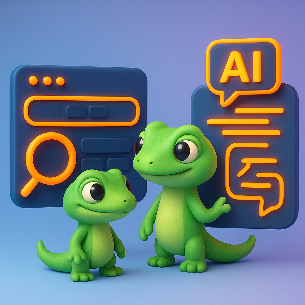 A 3D cartoon-style illustration showing two soft, rounded green gecko characters in a futuristic digital landscape: one gecko stands at a traditional search engine interface with a neon orange magnifying glass and keyword blocks, while the other gecko interacts with a glowing AI chatbot interface displaying flowing conversational text; the background is a light blue-to-purple gradient, with neon orange accents throughout.