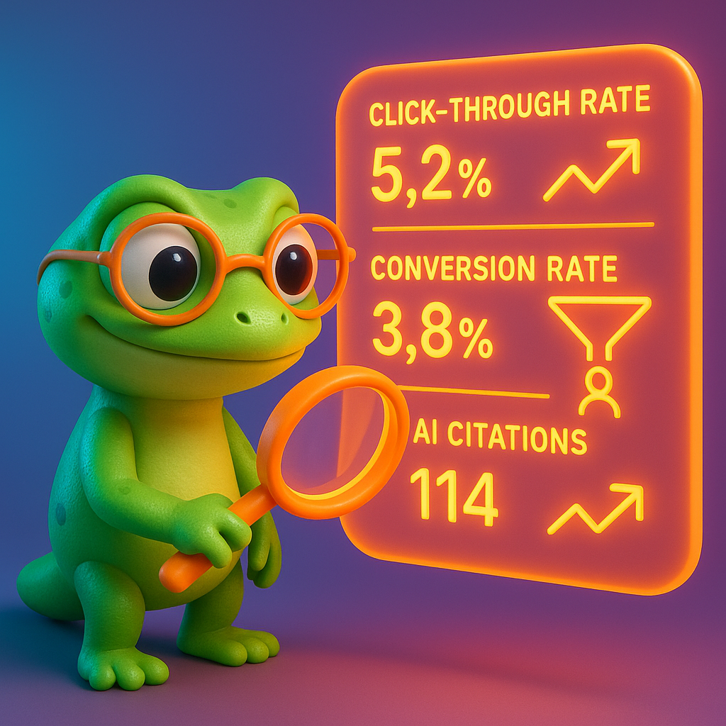 A 3D cartoon-style illustration with a green, rounded gecko character analyzing marketing metrics on a glowing neon orange dashboard. The dashboard displays click-through rate, conversion rate, and AI citation stats, with trend arrows and conversion icons. The gecko is holding a neon orange magnifying glass and wearing glasses. The background features a blue-to-purple gradient.
