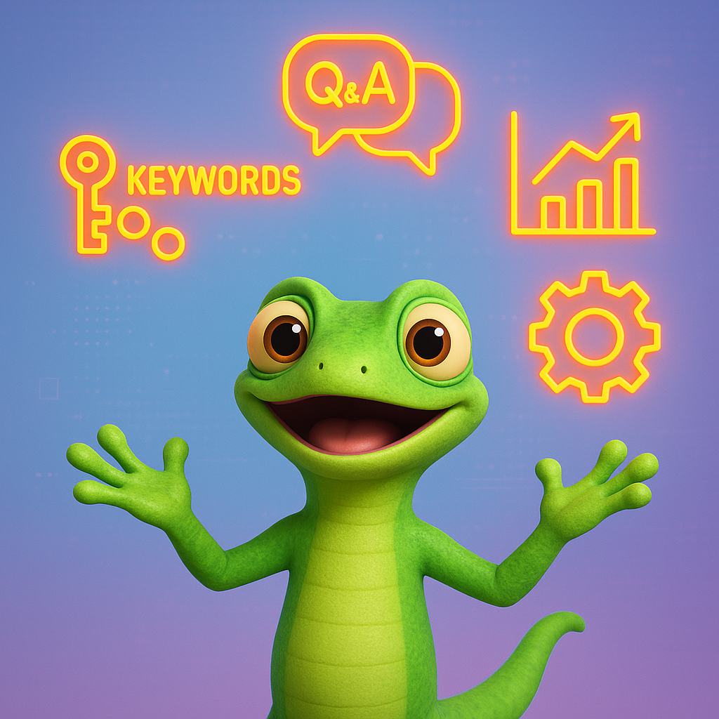 A 3D cartoon-style illustration with a green gecko juggling multiple neon orange icons above its head: a cluster of keywords, a question-answer speech bubble, an analytics chart, and a gear representing optimization tools. The background has a light blue-to-purple gradient with subtle digital patterns, and all text and accents appear in neon orange.