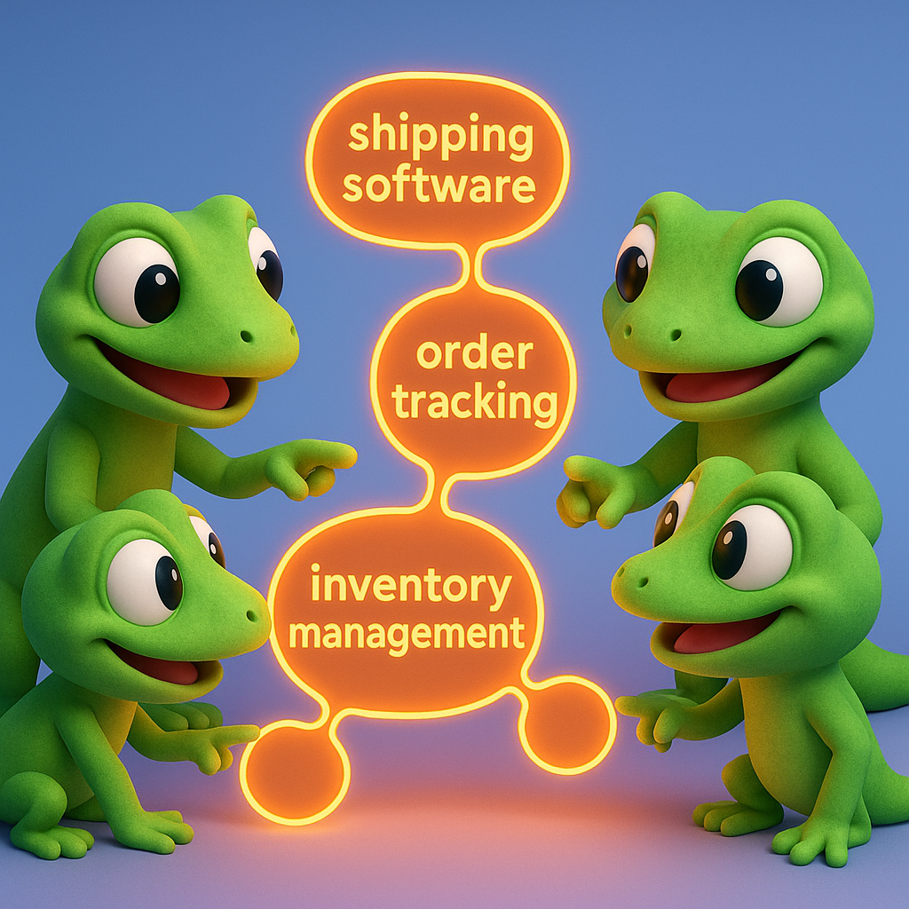 A 3D cartoon-style illustration with three green, soft, rounded gecko characters gathered around a glowing neon orange cluster of keywords, depicted as interconnected neon orange bubbles labeled with short phrases like 'shipping software', 'order tracking', and 'inventory management'. The geckos are actively sorting and pointing at these keyword bubbles, collaborating, all set against a smooth light blue-to-purple gradient background.