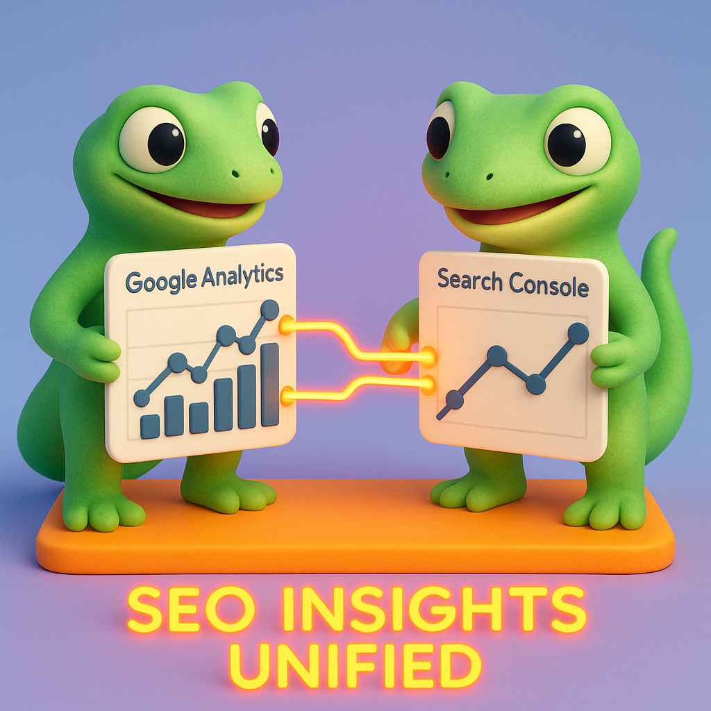 A 3D cartoon-style illustration with two soft, rounded green geckos, one holding a chart labeled 'Google Analytics' and the other holding a graph labeled 'Search Console.' The geckos are connecting their charts, symbolizing integration, with bright neon orange lines linking the data between them. The background is a light blue-to-purple gradient, and the geckos stand on a neon orange platform. The illustration includes neon orange text: 'SEO Insights Unified.'