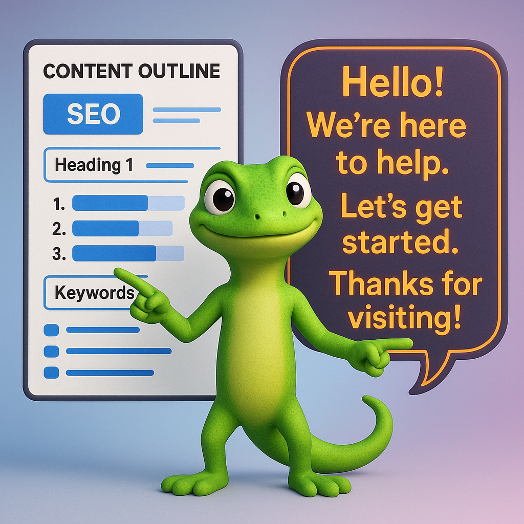 A 3D cartoon-style scene featuring a green gecko character standing confidently in front of a split digital display: one half shows a structured SEO content outline with keywords and metrics, the other half shows a speech bubble filled with friendly brand voice phrases in neon orange. The gecko is pointing at both sides simultaneously, illustrating the balance between SEO optimization and consistent brand tone. The illustration has a light blue-to-purple gradient background.