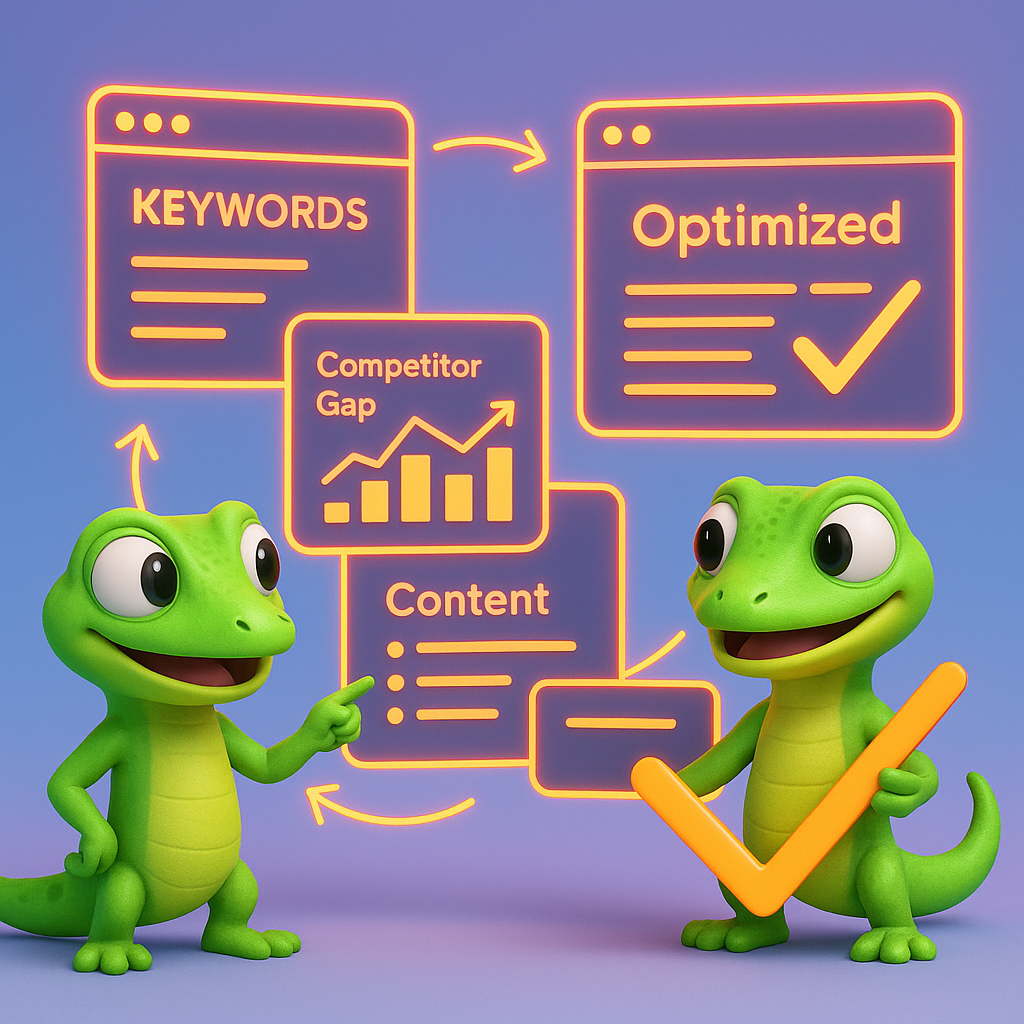 A 3D cartoon-style scene featuring two green gecko characters in front of interconnected digital webpages symbolizing a content ecosystem. The pages, outlined in neon orange, form a circular flow, with keywords highlighted and no overlaps between them. One gecko examines a competitor gap analysis graph, while the other places a neon orange checkmark on a page labeled 'Optimized.' Light blue-to-purple gradient background, all visual accents in neon orange.