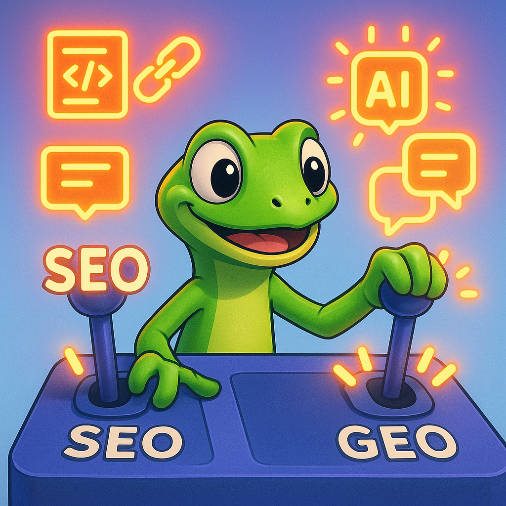 A 3D cartoon-style scene of a gecko at a digital control panel balancing SEO and GEO levers with website and AI citation elements