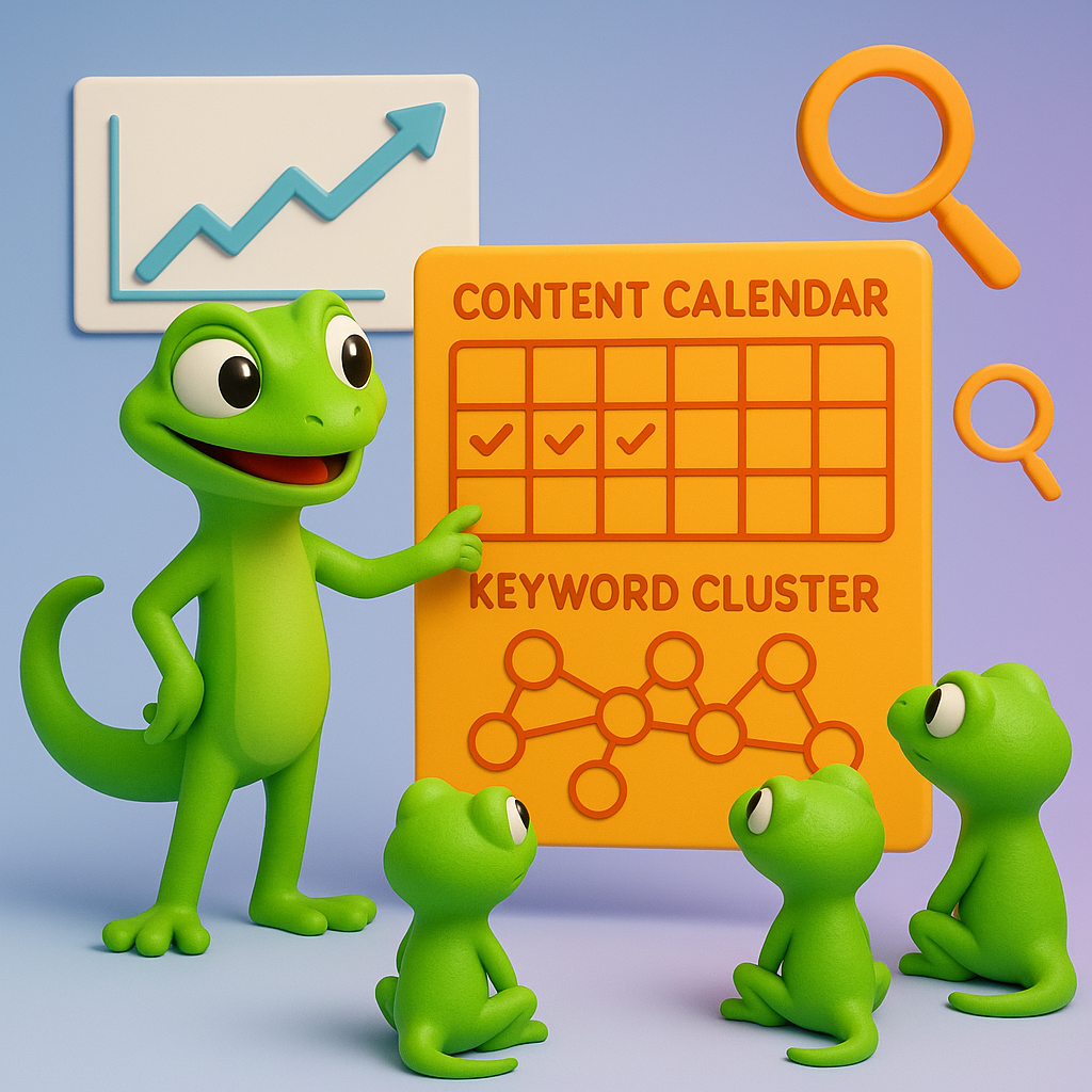 A 3D cartoon-style scene showing a bright green gecko character confidently presenting a large neon orange content calendar and keyword cluster map to a small group of attentive geckos. Behind them, visual elements like a rising traffic analytics graph and magnifying glass icons float against a light blue-to-purple gradient background.