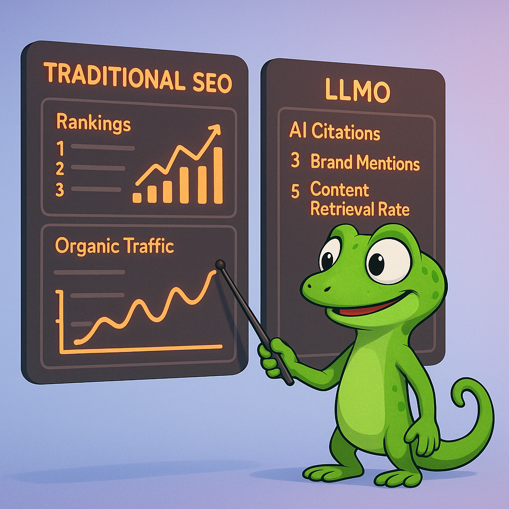 A 3D cartoon-style scene showing a green gecko analyzing two dashboards: one dashboard displays traditional SEO metrics like rankings and organic traffic in neon orange, the other dashboard shows new LLMO metrics such as AI citations, brand mentions, and content retrieval rate in neon orange. The gecko uses a digital pointer, emphasizing the shift in measurement. Background is a light blue-to-purple gradient.
