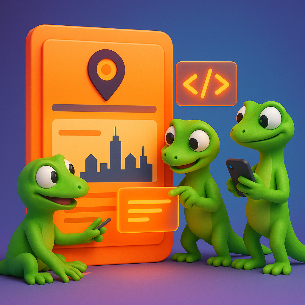 A 3D cartoon-style scene showing three green gecko characters: one creating a location-specific landing page (with city skyline icons), one adding schema markup code (visible on a floating neon orange code snippet), and one checking mobile optimization on a smartphone. All geckos are collaborating on a large neon orange tablet, with a gradient blue-to-purple background, emphasizing teamwork in personalized GEO content production.