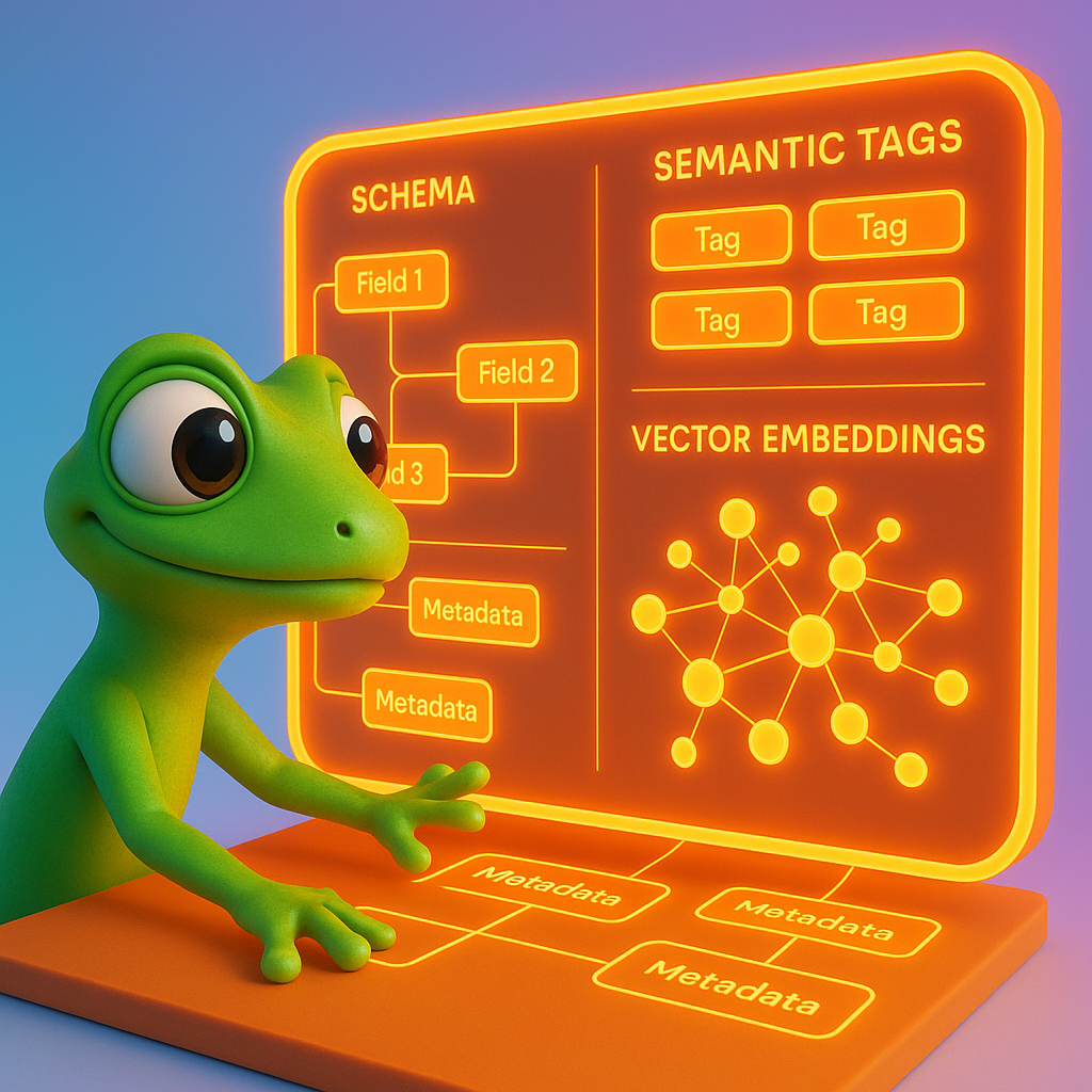 A 3D cartoon-style scene where a green gecko uses a futuristic neon orange dashboard displaying interconnected schema diagrams, semantic tags, and vector embedding clusters. The dashboard projects glowing metadata fields and connection lines, all set against a light blue-to-purple gradient background.