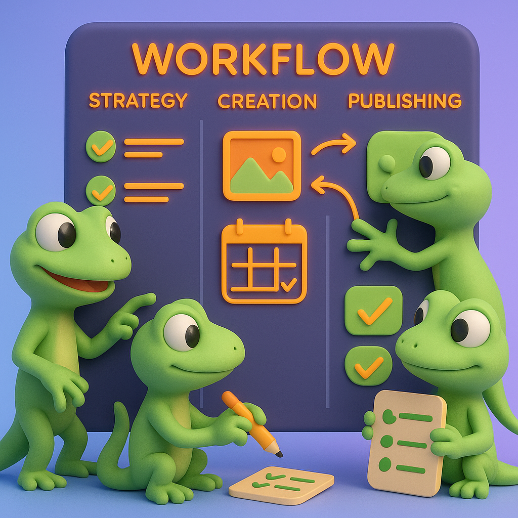 A 3D cartoon-style scene with a group of soft, rounded green gecko characters collaborating around a digital workflow board, featuring checklists, calendars, and interconnected tasks. The geckos are pointing, writing, and moving digital assets, showing teamwork across strategy, creation, and publishing phases. The background is a light blue-to-purple gradient, with text and UI elements in neon orange colors.