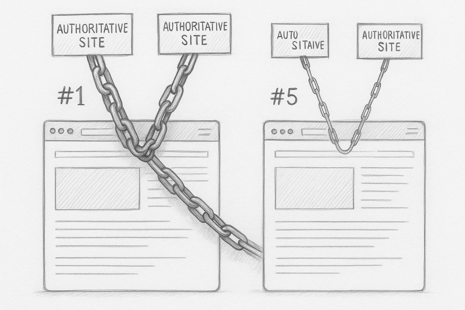 A detailed pencil sketch depicting two side-by-side websites: one with high-quality backlinks illustrated by thick, strong chains connecting from authoritative sites, and another with fewer, thinner chains, symbolizing weaker backlink profiles, with ranking positions visible above each site.