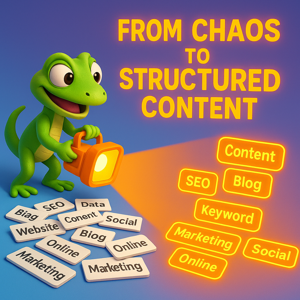 A dynamic 3D cartoon-style scene with a green gecko character shining a neon orange floodlight across a landscape of jumbled keyword cards, revealing clear, glowing groups of keywords emerging in organized clusters. The background uses a light blue-to-purple gradient, with bright neon orange text explaining the transformation from chaos to structured content.