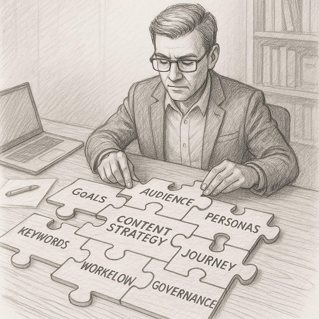 A hand-drawn pencil sketch of a marketing leader or strategist at a desk, meticulously arranging puzzle pieces labeled with words like 'Goals', 'Audience', 'Personas', 'Journey', 'Keywords', 'Workflow', and 'Governance', fitting them together to form a cohesive content strategy blueprint on the table.