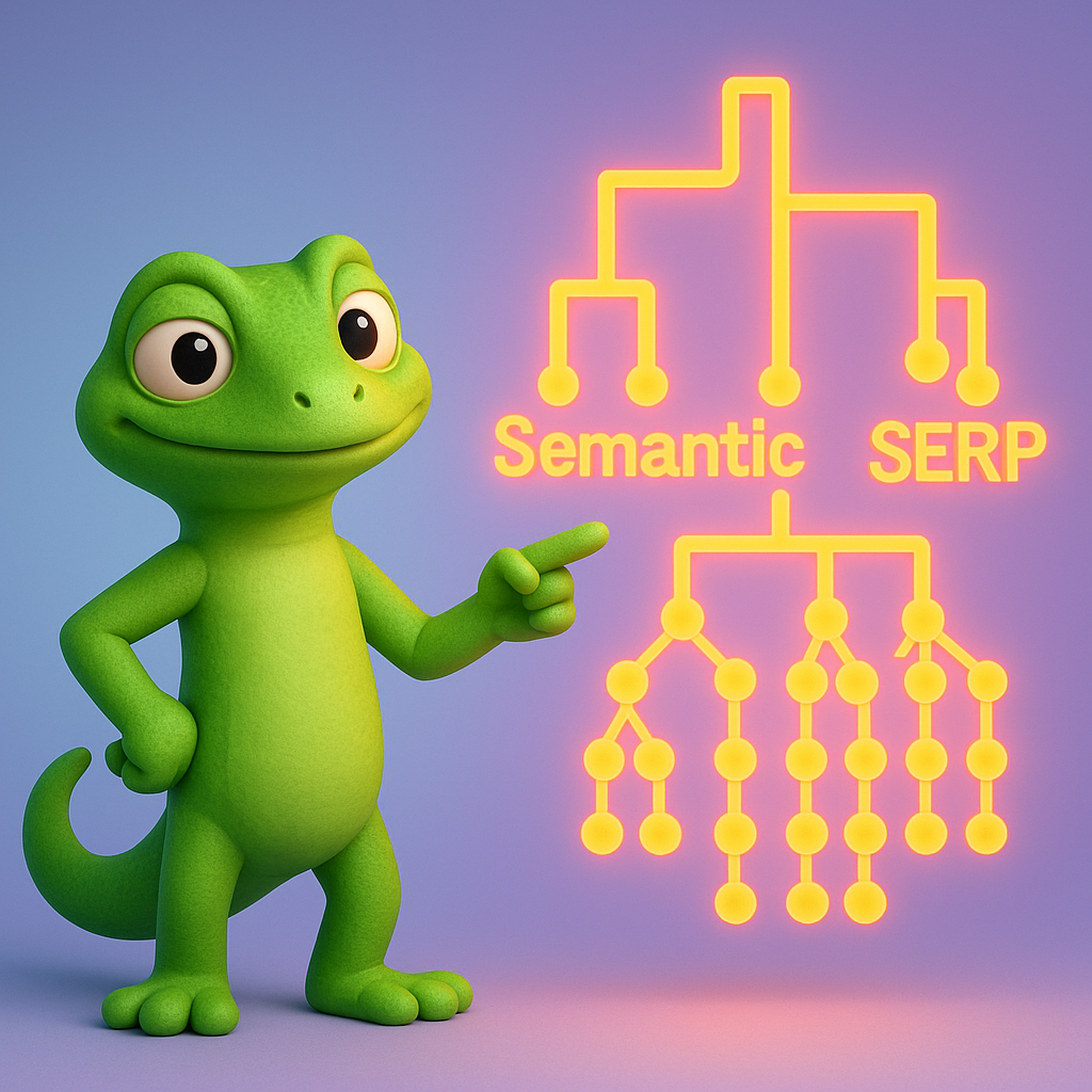 A single green gecko character stands confidently pointing at a large neon orange dendrogram (tree diagram) branching into several neon orange clusters, with each branch labeled as 'Semantic', 'SERP', and 'Hybrid'. The image uses a 3D cartoon style with soft, rounded shapes, a light blue-to-purple gradient background, and highlights in neon orange.