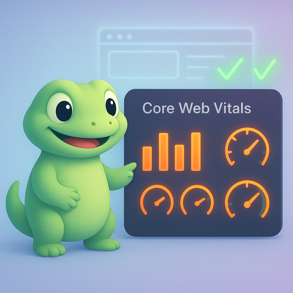 A soft, rounded green gecko character cheerfully monitoring a sleek dashboard displaying Core Web Vitals metrics (bar graphs and speed dials in neon orange), with a faint website outline and glowing green checkmarks. The background is a light blue-to-purple gradient.