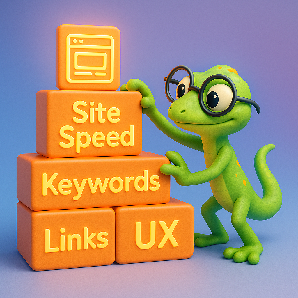 A vibrant 3D cartoon-style scene of a green gecko character constructing a website using oversized building blocks labeled 'Site Speed,' 'Keywords,' 'Links,' and 'UX,' each in neon orange text. The gecko, wearing round glasses, carefully places the blocks into a staircase leading to a glowing website icon at the top. Background features a soft light blue-to-purple gradient.
