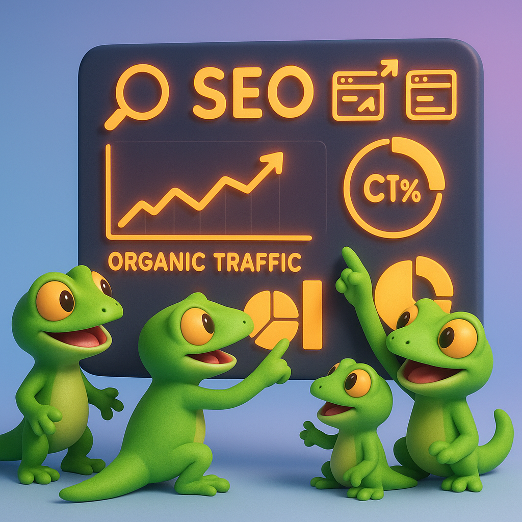 3D cartoon green gecko characters analyzing SEO dashboard with organic traffic and CTR graphs