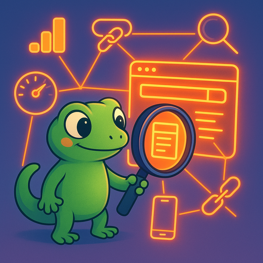 Green gecko character analyzing web page with SEO tool icons and technical metrics like page speed and mobile usability