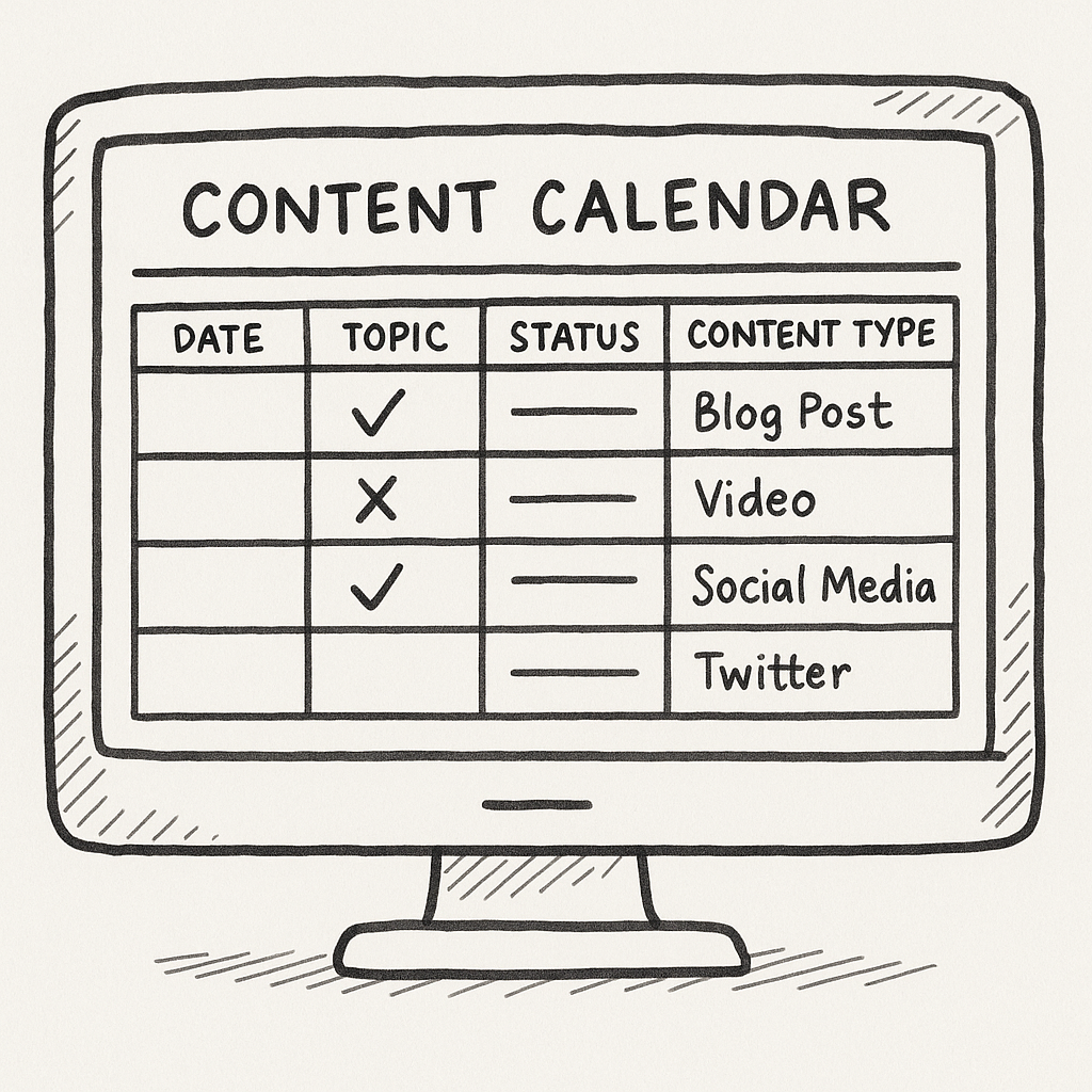 Hand-drawn image of a computer screen displaying a content calendar with columns for different content types and channels, emphasizing organized planning and distribution in content strategy.