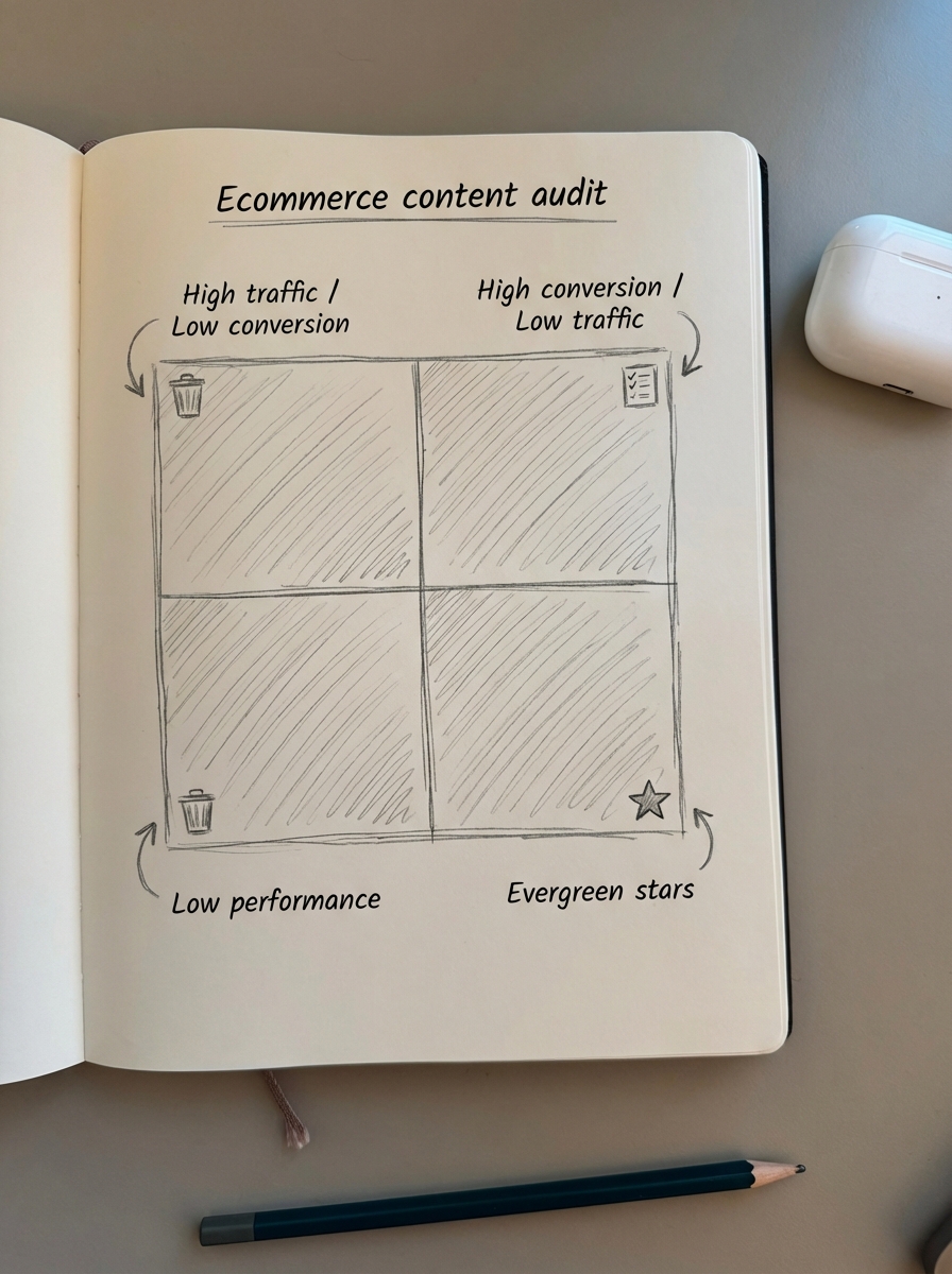 Hand-drawn pencil notebook sketch of an ecommerce content audit 2x2 matrix with quadrants for high traffic low conversion, high conversion low traffic, low performance, and evergreen stars