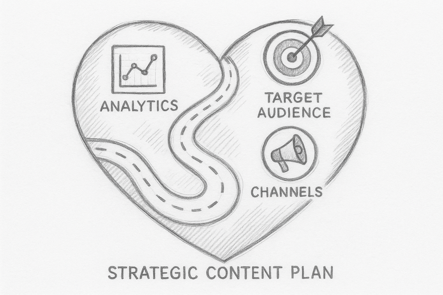 Hand-drawn pencil sketch of a heart-shaped roadmap with icons representing analytics, target audience, and channels connected along the path, symbolizing a strategic content plan.