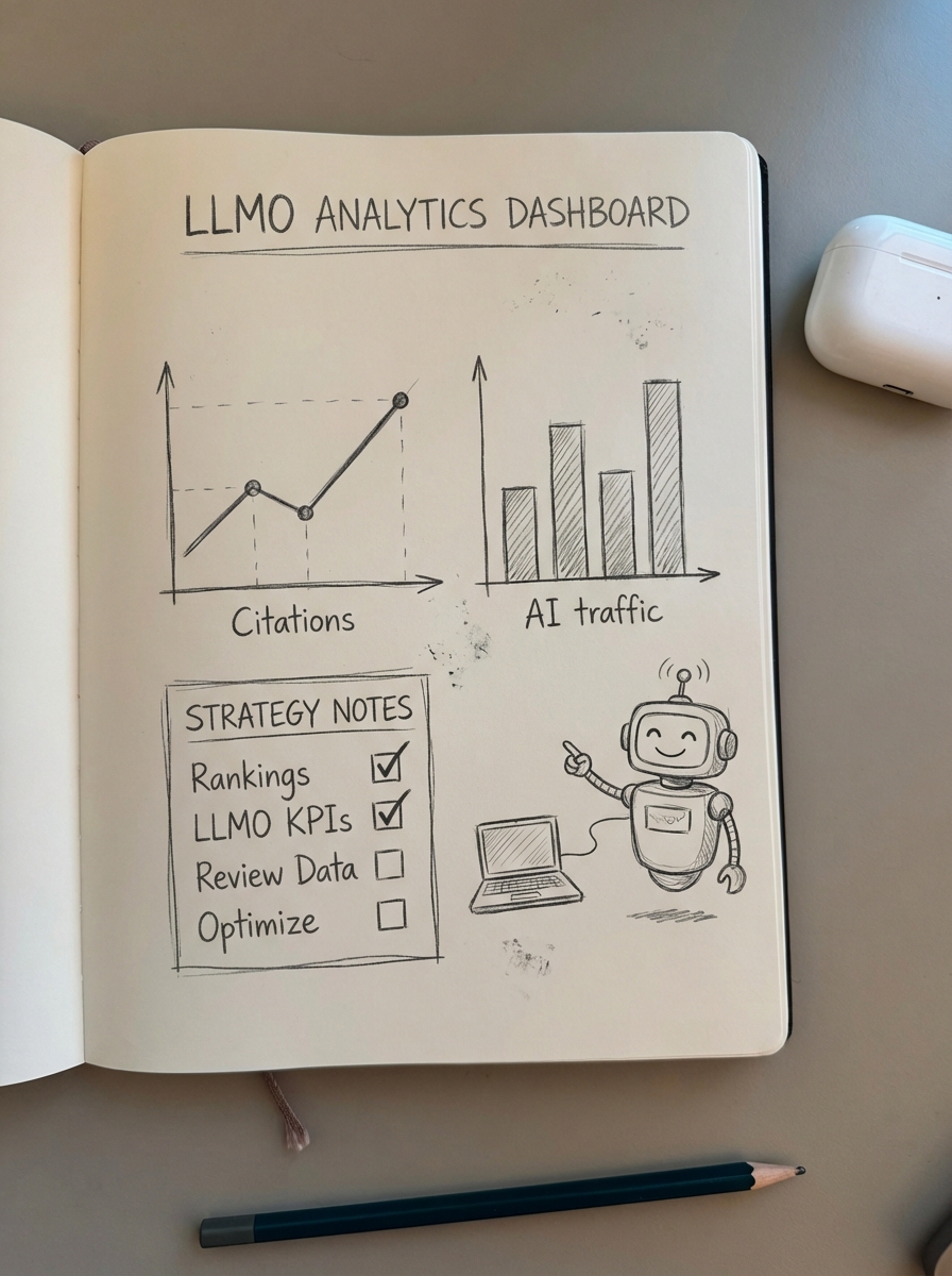Hand-drawn notebook sketch of an LLMO analytics dashboard tracking AI citations, AI traffic, and optimization checklist