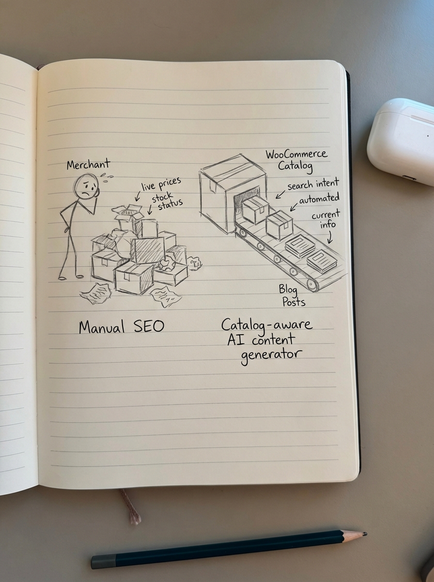 Notebook-style pencil sketch comparing chaotic manual SEO to an automated, catalog-aware AI content generator for a WooCommerce store.