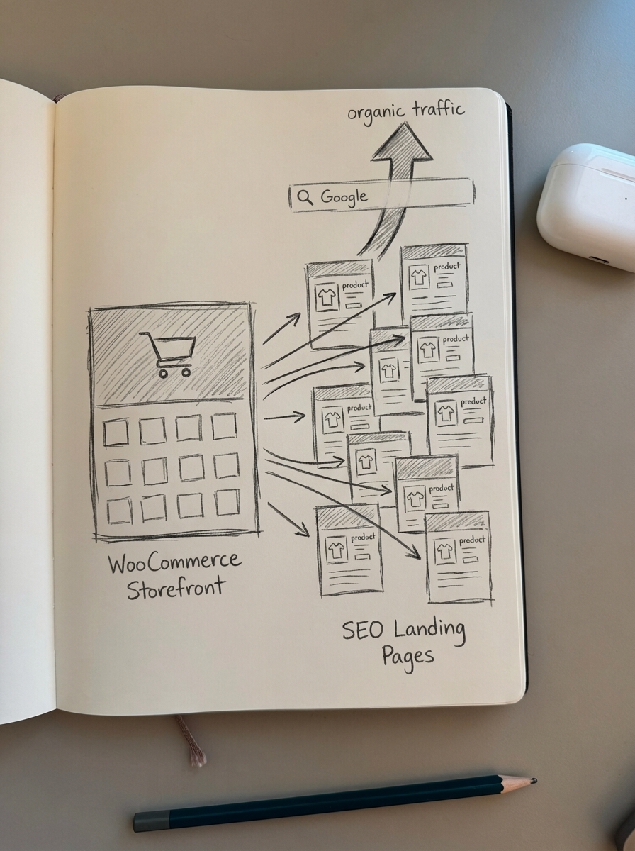 Simple notebook-style pencil sketch of a WooCommerce storefront expanding into many SEO-optimized pages