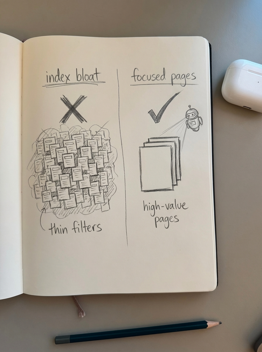 Simple pencil sketch comparing index bloat with too many thin WooCommerce pages versus a few focused high-value pages
