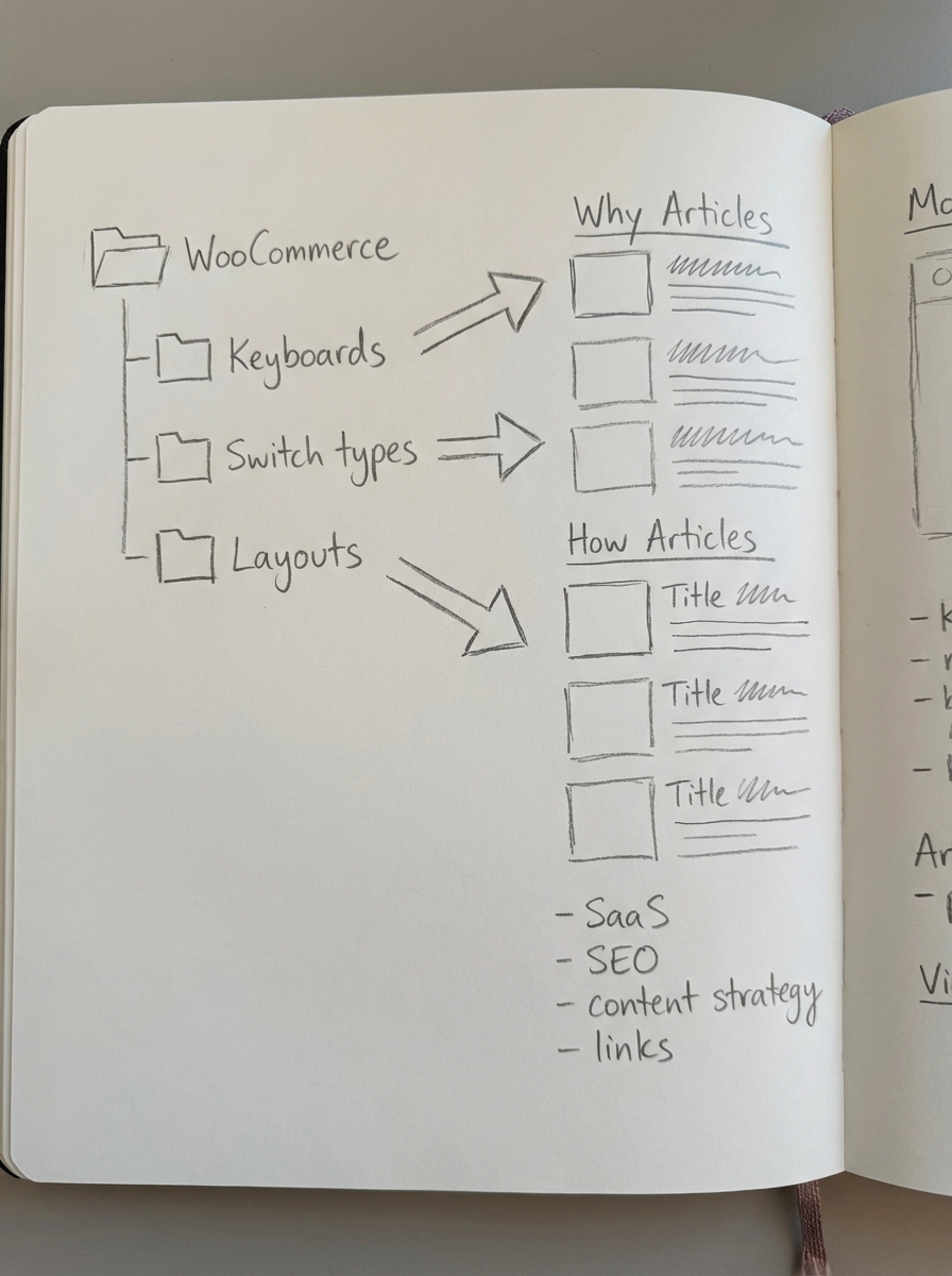 Simple pencil notebook sketch of a WooCommerce category tree feeding into blog post ideas