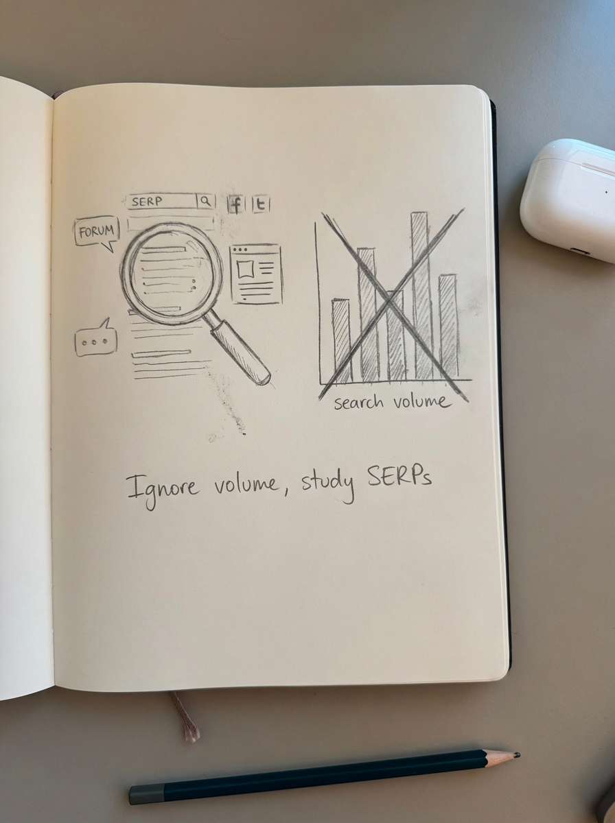 Simple pencil notebook sketch of a magnifying glass over a weak SERP full of forum and social results