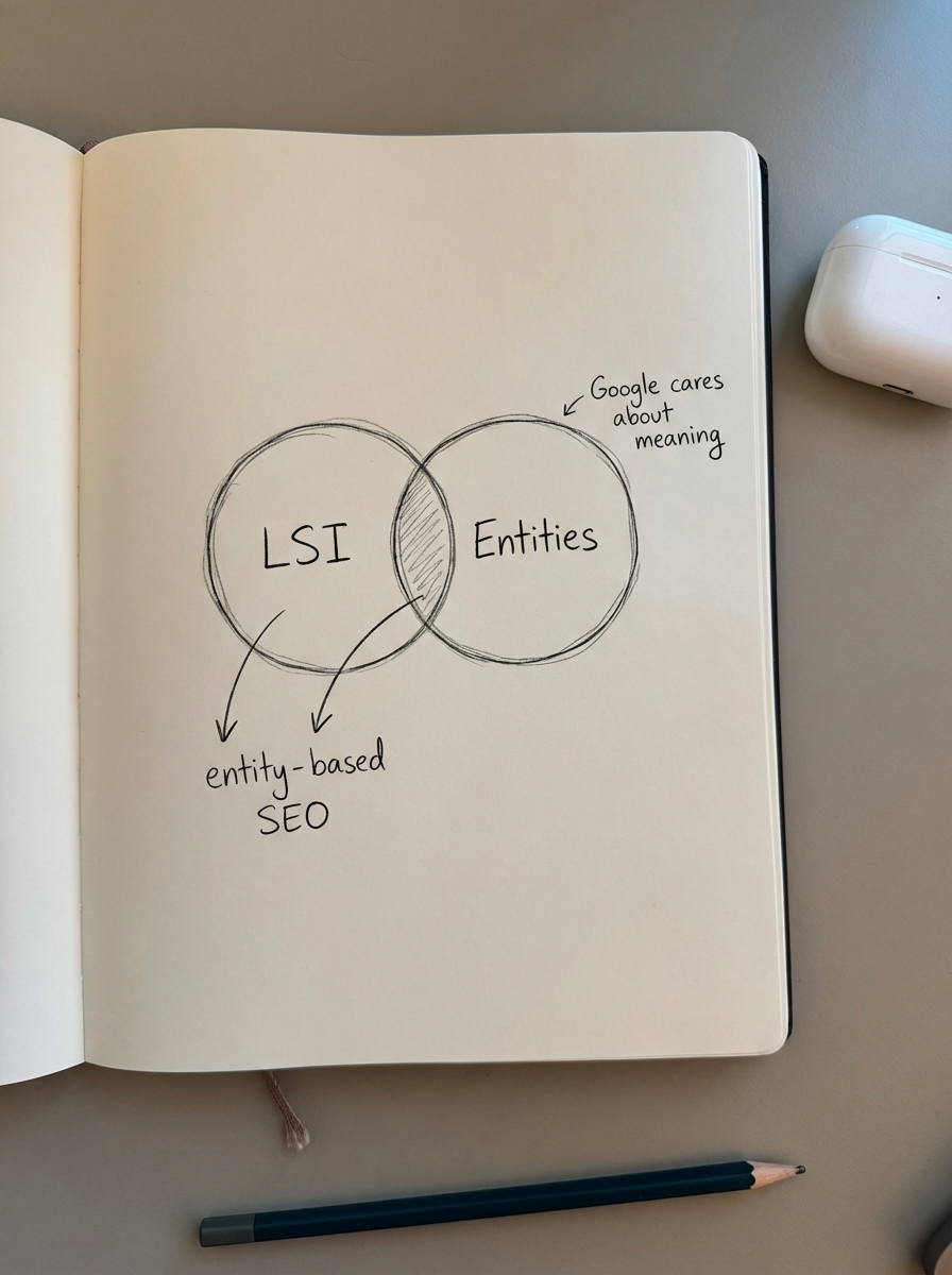 Hand-drawn Venn diagram in a notebook comparing LSI and entities with a small note that Google cares about meaning.