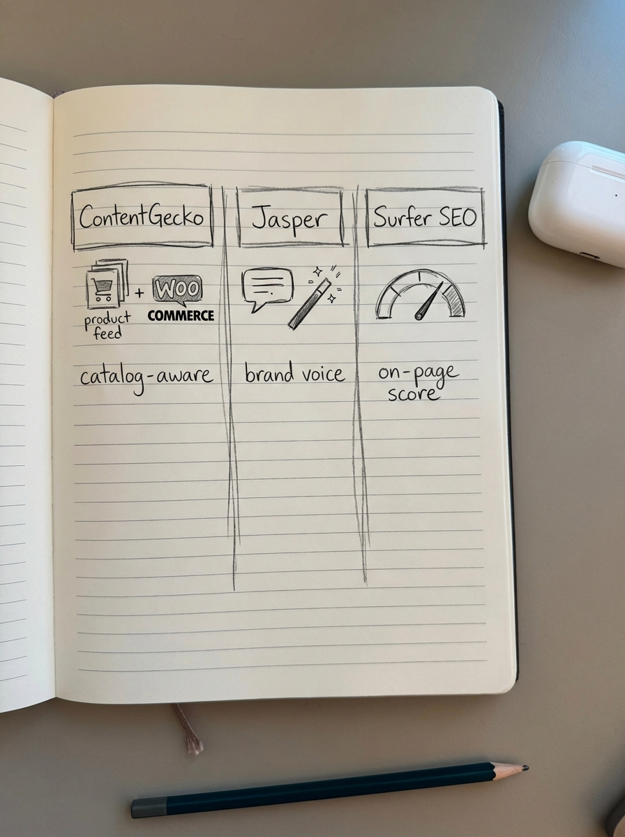 Simple notebook doodle comparing ContentGecko, Jasper, and Surfer SEO as different AI content tools with icons for product feed, brand voice, and on-page score.
