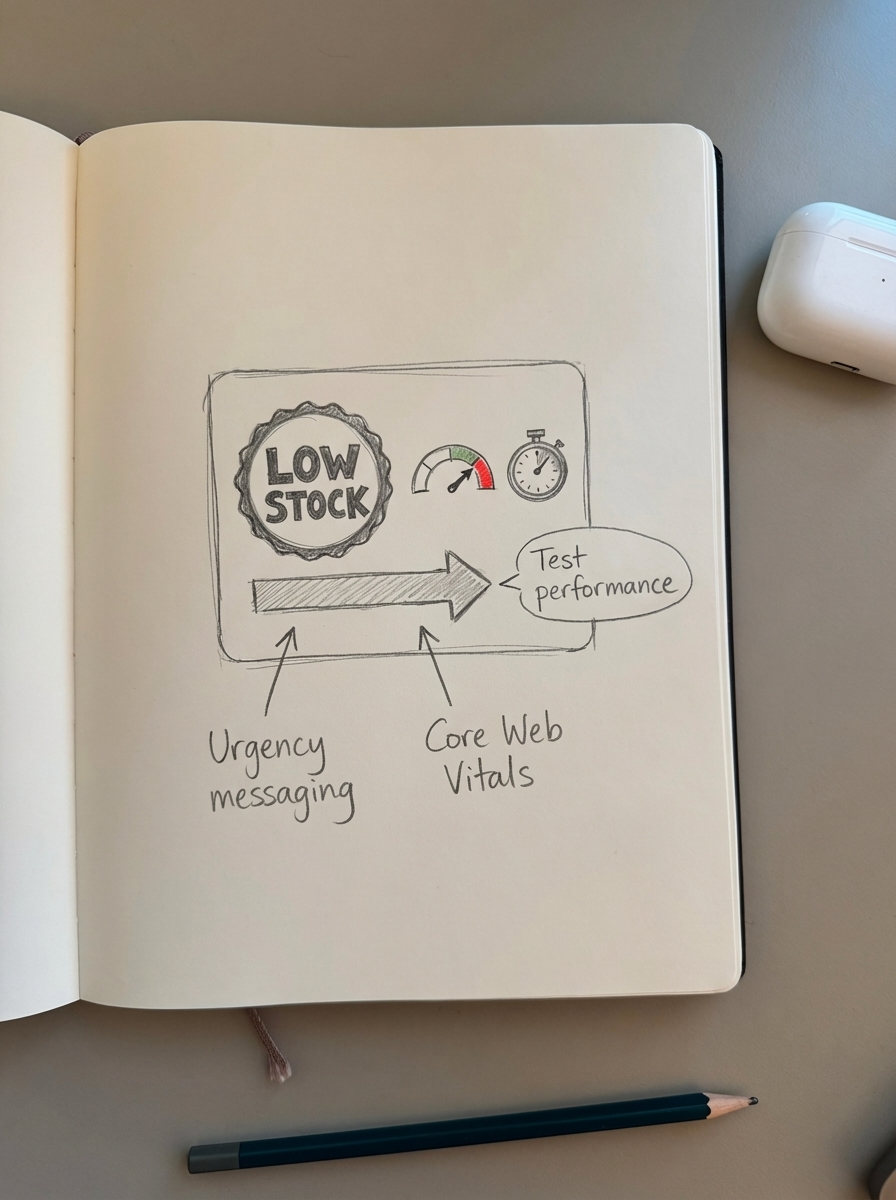 Hand-drawn WooCommerce product card with low stock badge, performance gauge, and notes about urgency messaging and Core Web Vitals