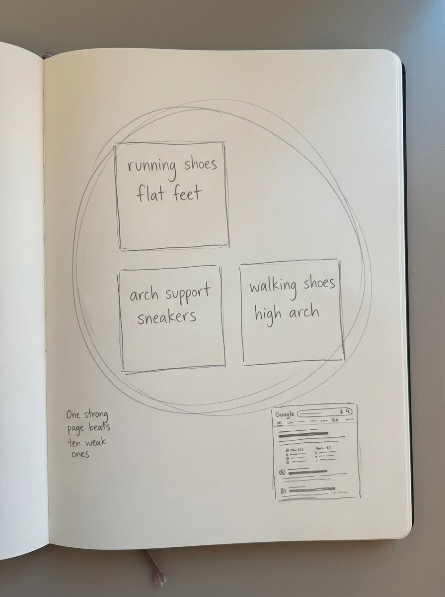 Minimal pencil notebook sketch visualizing clustering related ecommerce keywords to avoid content cannibalization