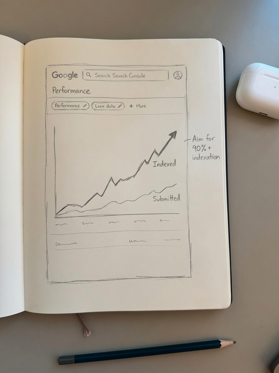 Notebook-style pencil drawing of a simple Google Search Console sitemaps screen with a URL field