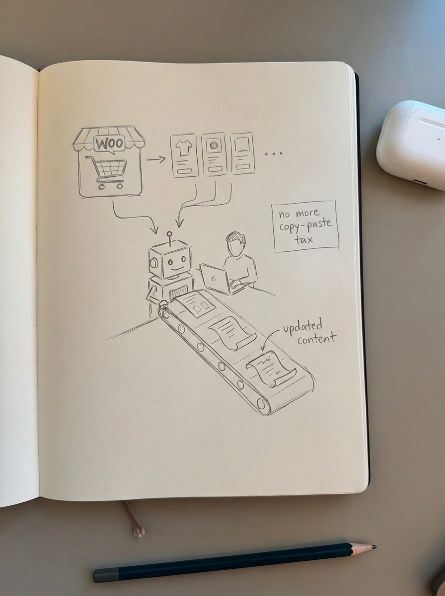 Notebook-style pencil sketch of AI-powered WooCommerce workflow automating catalog-synced content publishing