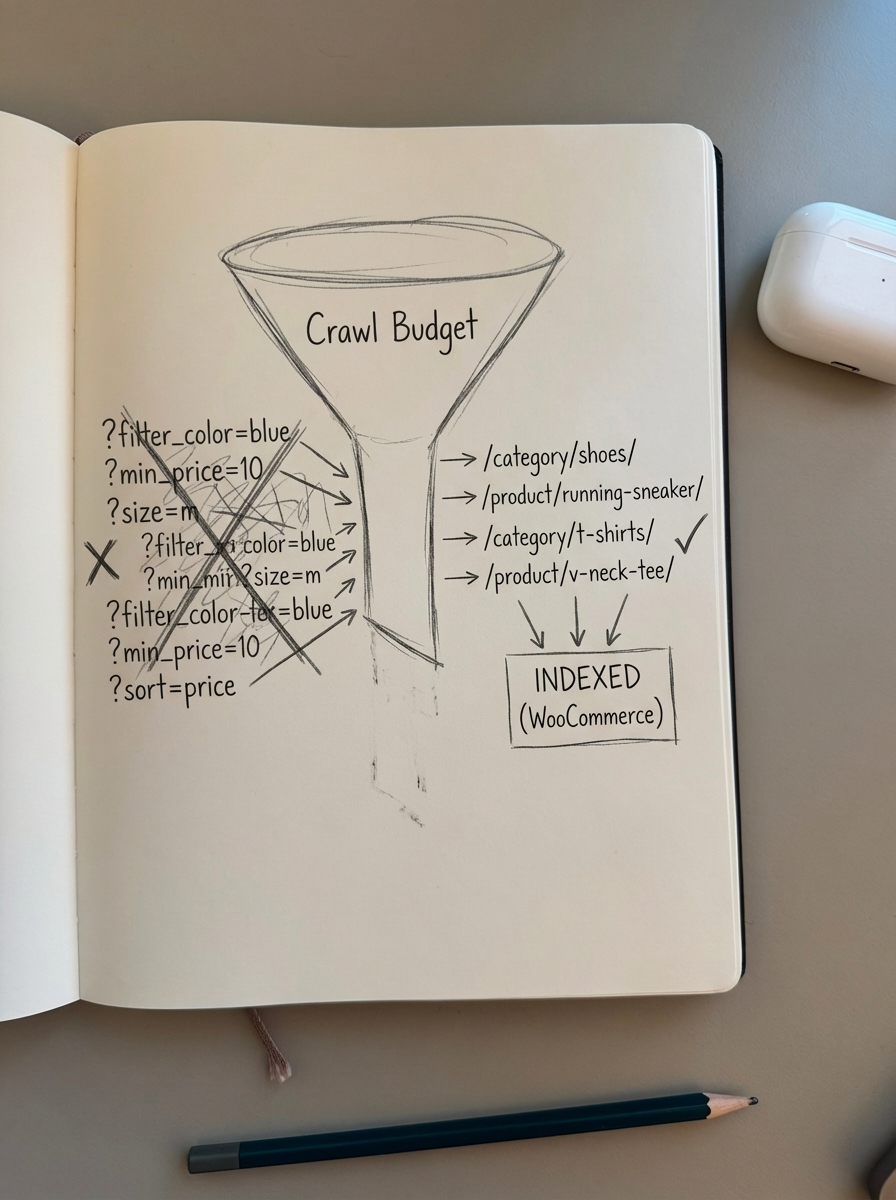 Notebook-style pencil sketch of a crawl budget funnel with many small filter URLs at the top and only a few important product pages at the bottom