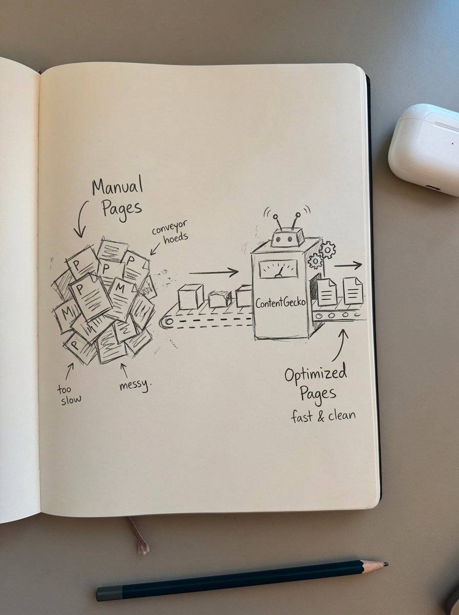 Rough pencil notebook sketch of many small product cards connected by gears to represent automated WooCommerce SEO at scale