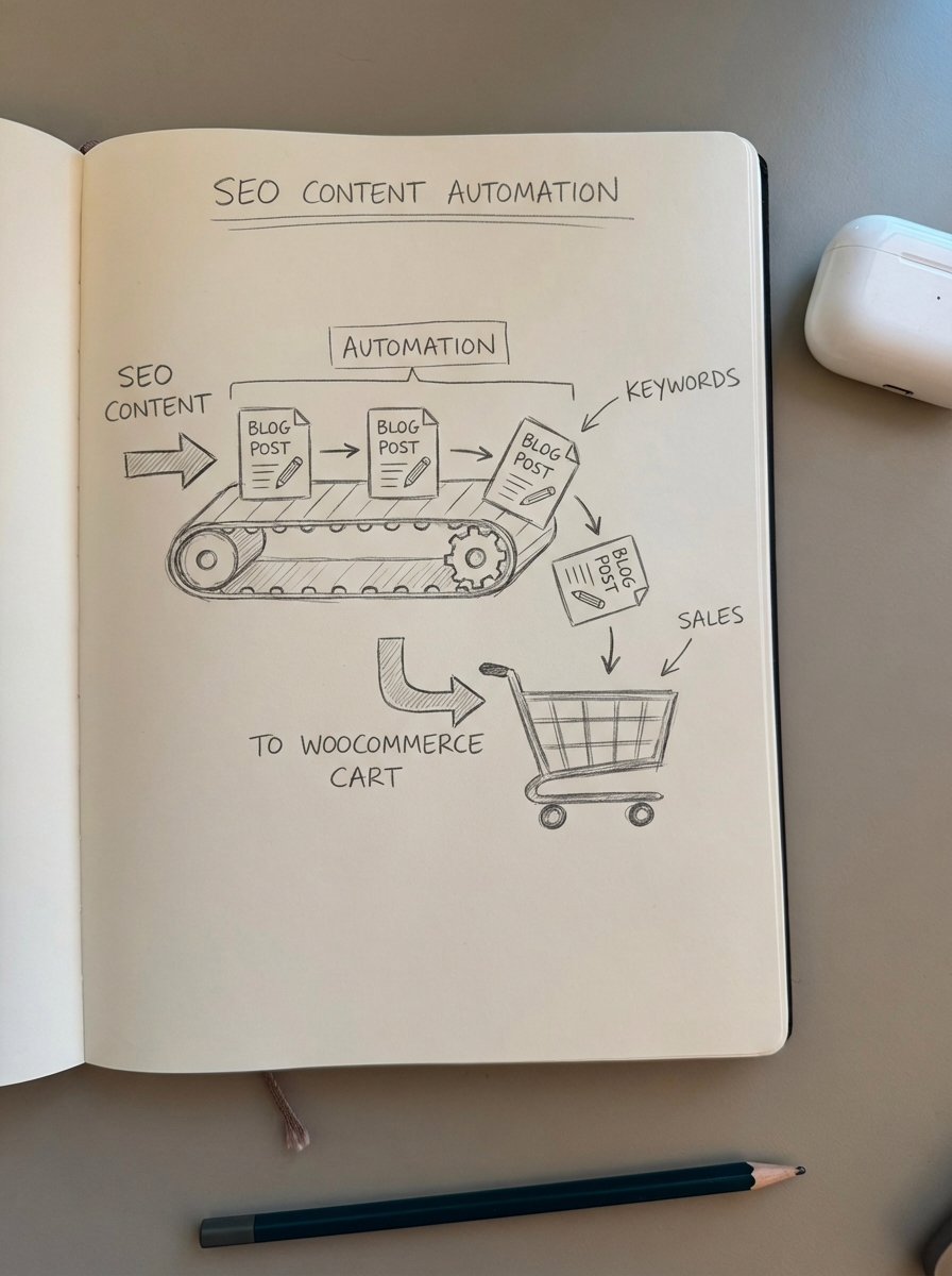 Rough pencil doodle on notebook paper of a conveyor belt automatically producing blog posts connected to product boxes.