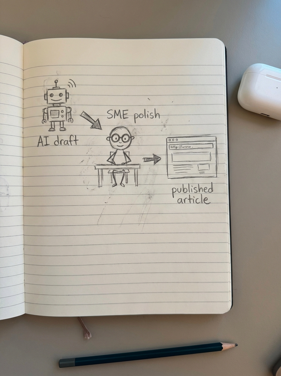rough pencil notebook sketch of a hybrid SaaS content workflow where an AI draft is handed to an SME who polishes it into a published article