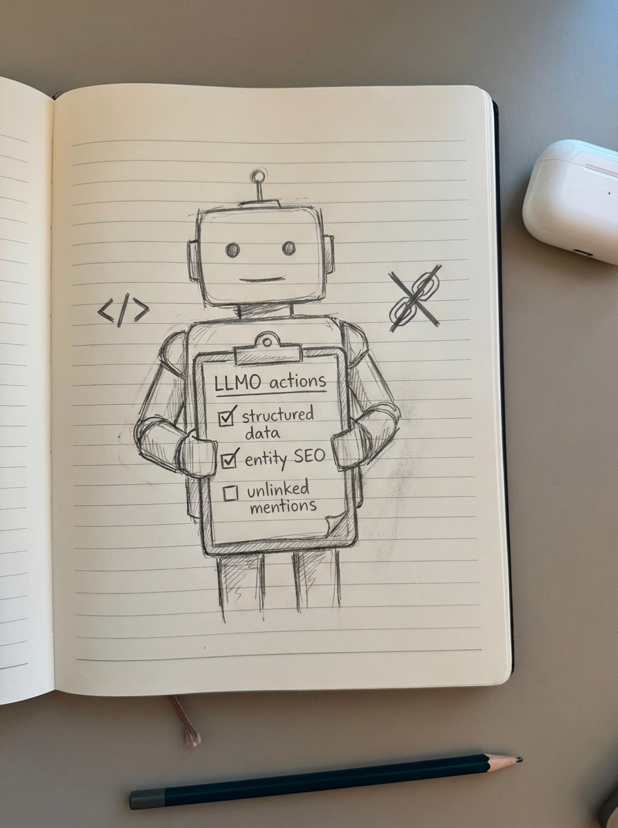 Rough pencil sketch on lined notebook paper of an AI robot holding a checklist of LLMO optimization tasks